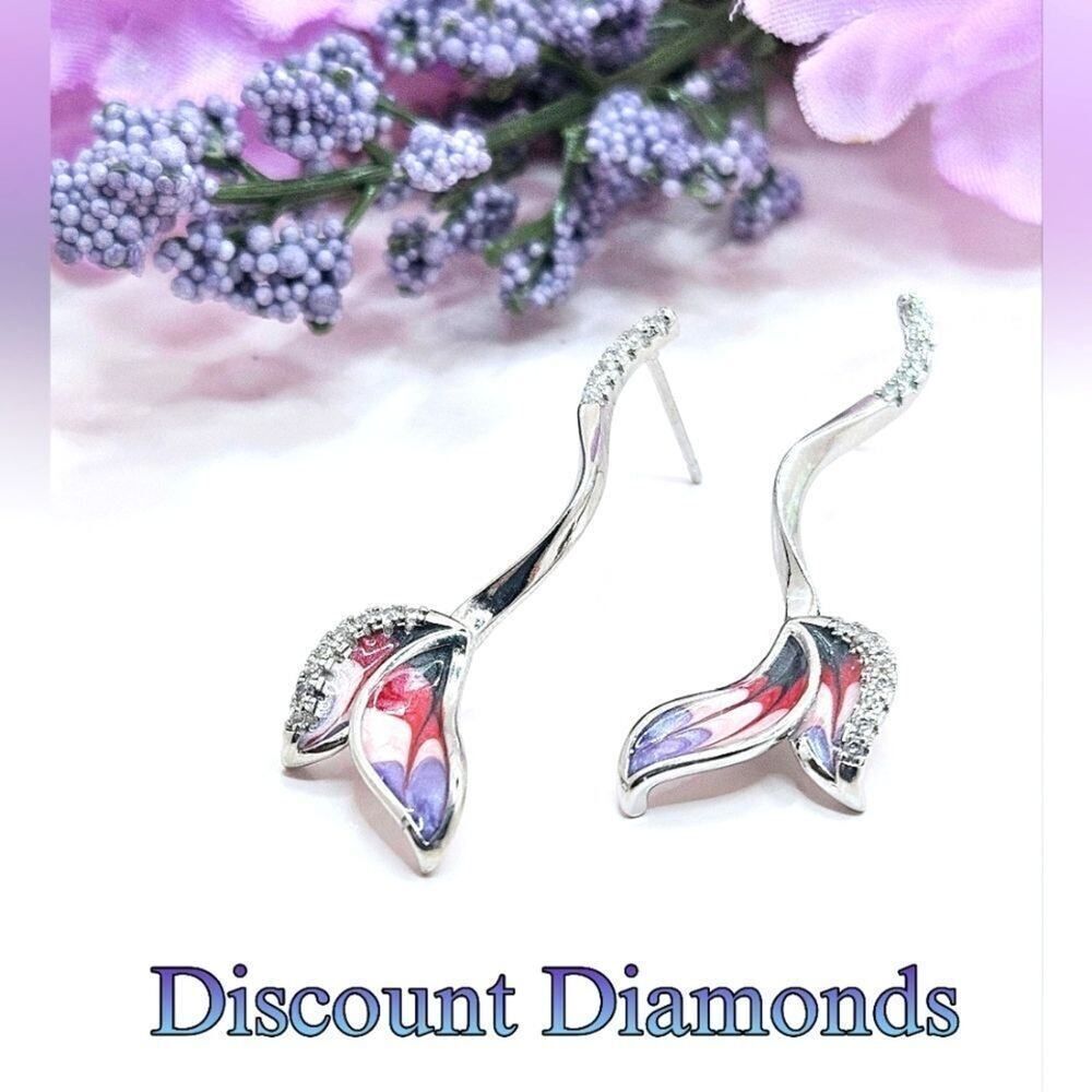 Hand Made Pink Red & Blue Enamel White Baguette Diamond Stud Earrings 925 Silver